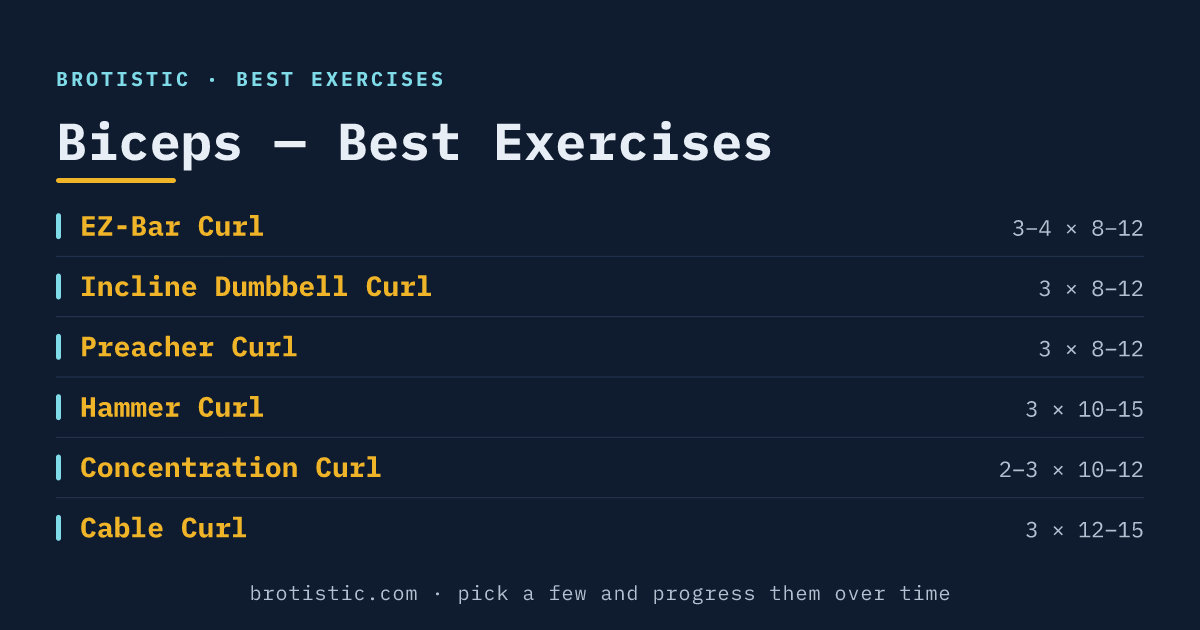 Best biceps exercises at a glance: EZ-bar curl, incline dumbbell curl, preacher curl, hammer curl, concentration curl and cable curl with sets and reps