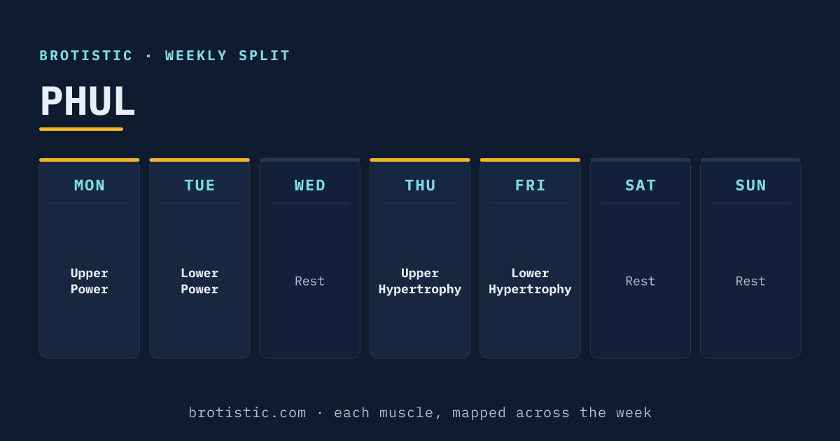 PHUL weekly split: Upper Power, Lower Power, Upper Hypertrophy, Lower Hypertrophy across a 4-day schedule